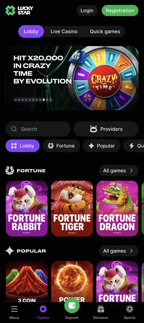 Lucky Star visto en un smartphone: inicio con los juegos populares y la categoría Fortune