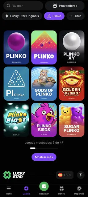 Categoría Plinko con 47 títulos en la versión móvil de Lucky Star